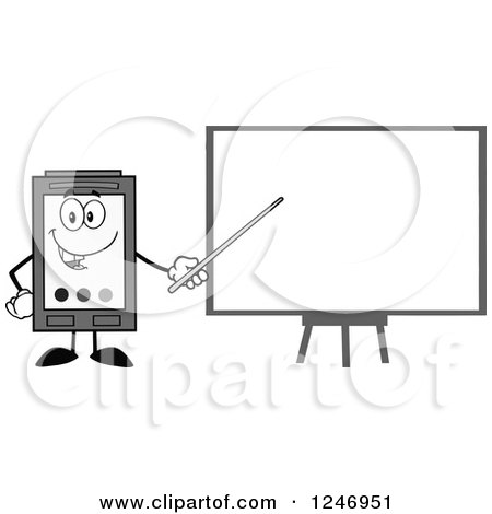 Clipart of a Grayscale Ink Cartridge Character Mascot Presenting a Board - Royalty Free Vector Illustration by Hit Toon