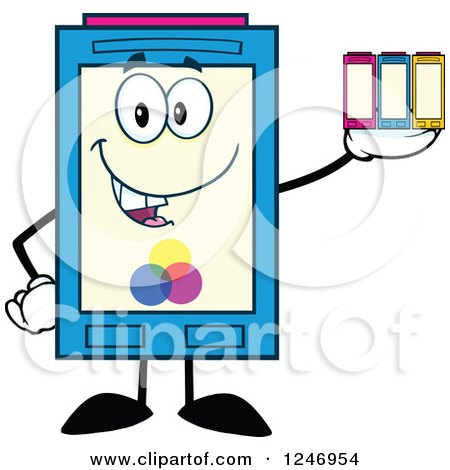 Clipart of a Color Ink Cartridge Character Mascot Holding Toner - Royalty Free Vector Illustration by Hit Toon