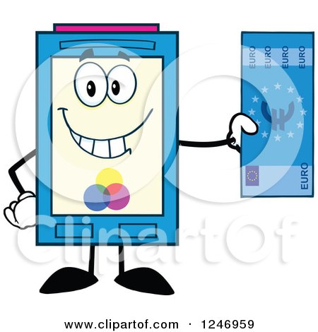 Clipart of a Color Ink Cartridge Character Mascot Holding a Euro Bill - Royalty Free Vector Illustration by Hit Toon