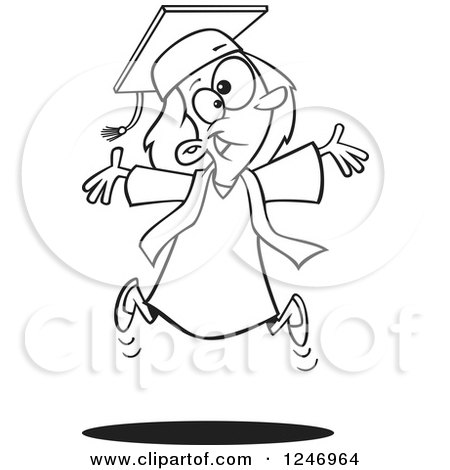 Clipart of a Black and White Happy Graduate Girl Jumping - Royalty Free Vector Illustration by toonaday
