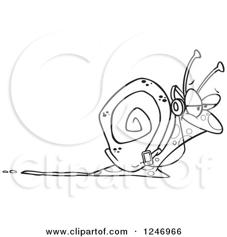 Clipart of a Black and White Happy Snail Listening to Music - Royalty Free Vector Illustration by toonaday