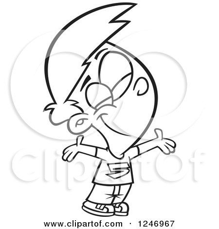 Clipart of a Black and White Cartoon Happy Boy Holding His Arms out for a Hug - Royalty Free Vector Illustration by toonaday