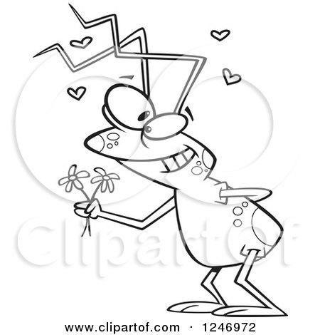 Clipart of a Black and White Romantic Bug Holding out Flowers - Royalty Free Vector Illustration by toonaday