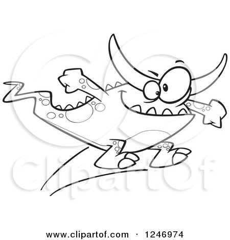 Clipart of a Black and White Cartoon Horned Monster Jumping - Royalty Free Vector Illustration by toonaday