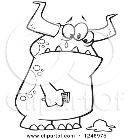 Clipart of a Black and White Sad Monster Crying over Dropped Ice Cream - Royalty Free Vector Illustration by toonaday