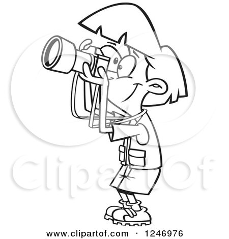 Clipart of a Black and White Cartoon Happy Woman Taking Pictures - Royalty Free Vector Illustration by toonaday