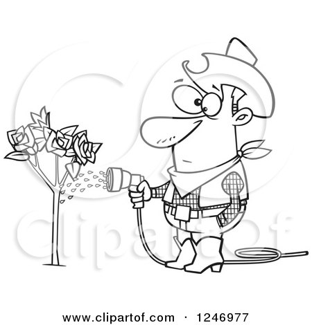 Clipart of a Black and White Cowboy Man Watering a Rose Bush - Royalty Free Vector Illustration by toonaday