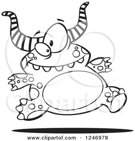 Clipart of a Black and White Happy Horned Monster Running - Royalty Free Vector Illustration by toonaday