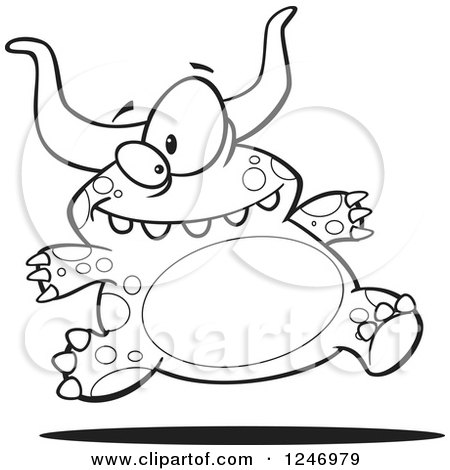 Clipart of a Black and White Horned Monster Running - Royalty Free Vector Illustration by toonaday