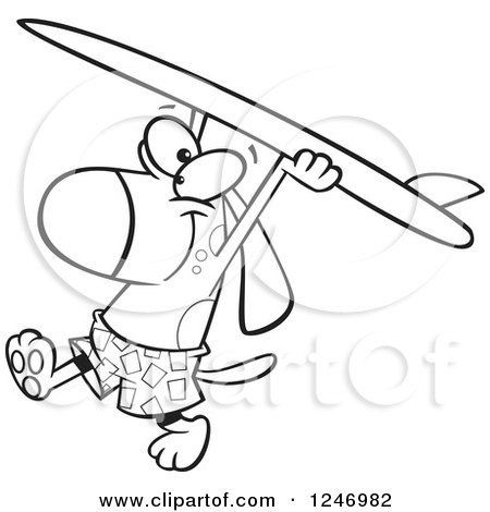 Clipart of a Black and White Cartoon Surfer Dog Walking with His Board over His Head - Royalty Free Vector Illustration by toonaday