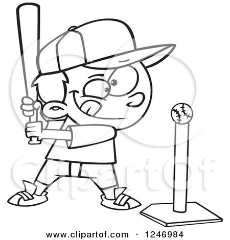 Clipart of a Black and White Cartoon Focused Boy Batting a Tee Ball - Royalty Free Vector Illustration by toonaday