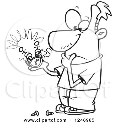 Clipart of a Black and White Cartoon Man Pondering on How to Repair a Thingee - Royalty Free Vector Illustration by toonaday