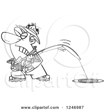 Clipart of a Black and White Cartoon Man Trying to Pull in a Tough Fish - Royalty Free Vector Illustration by toonaday