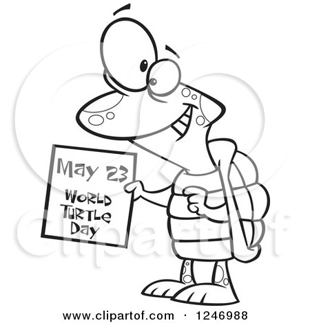 Clipart of a Black and White Happy Tortoise Holding a May 23 World Turtle Day Calendar - Royalty Free Vector Illustration by toonaday