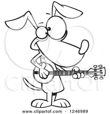 Clipart of a Black and White Cartoon Musician Dog Playing a Banjo - Royalty Free Vector Illustration by toonaday