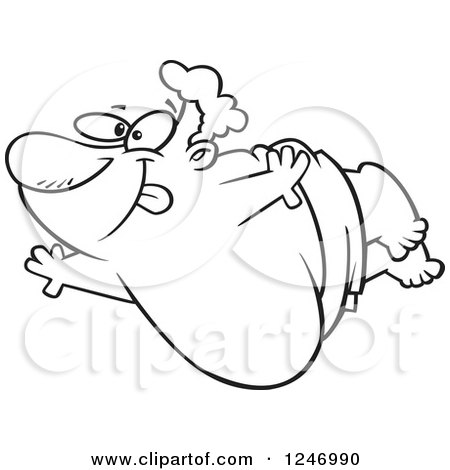Clipart of a Black and White Cartoon Chubby Man Doing a Belly Flop - Royalty Free Vector Illustration by toonaday