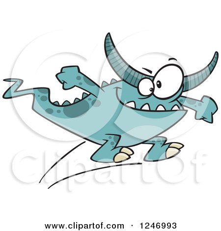 Clipart of a Cartoon Blue Horned Monster Jumping - Royalty Free Vector Illustration by toonaday