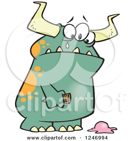 Clipart of a Sad Green Monster Crying over Dropped Ice Cream - Royalty Free Vector Illustration by toonaday