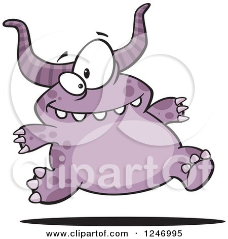 Clipart of a Happy Purple Horned Monster Running - Royalty Free Vector Illustration by toonaday