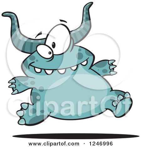 Clipart of a Happy Blue Horned Monster Running - Royalty Free Vector Illustration by toonaday