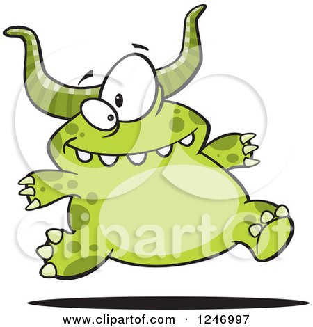 Clipart of a Happy Green Horned Monster Running - Royalty Free Vector Illustration by toonaday