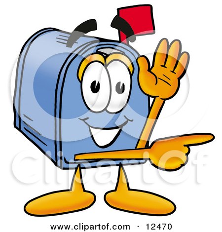 Clipart Picture of a Blue Postal Mailbox Cartoon Character Waving and Pointing by Mascot Junction