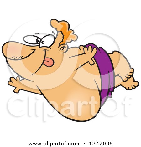 Clipart of a Cartoon Chubby Caucasian Man Doing a Belly Flop - Royalty Free Vector Illustration by toonaday