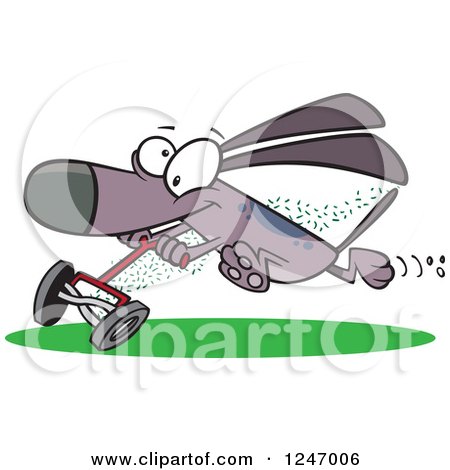 Clipart of a Cartoon Dog Running with a Lawn Mower - Royalty Free Vector Illustration by toonaday