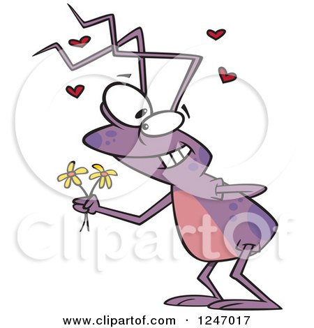 Clipart of a Romantic Purple Bug Holding out Flowers - Royalty Free Vector Illustration by toonaday
