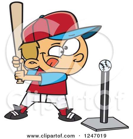 Clipart of a Cartoon Focused Caucasian Boy Batting a Tee Ball - Royalty Free Vector Illustration by toonaday