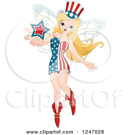 Clipart of a Patriotic American Flag Fairy Holding out a Star - Royalty Free Vector Illustration by Pushkin