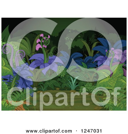 Clipart of a Background of Exotic Plants in a Dark Forest - Royalty Free Vector Illustration by Pushkin