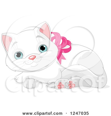 Clipart of a Cute Blue Eyed White Kitten Resting in a Pink Bow Collar - Royalty Free Vector Illustration by Pushkin