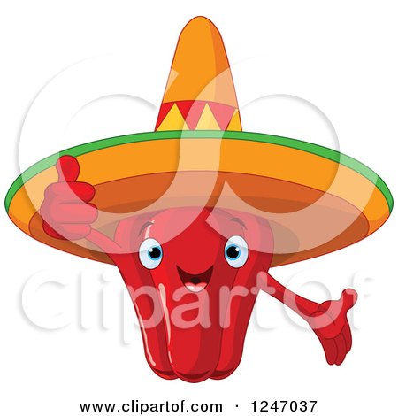 Clipart of a Mexican Red Pepper Character Wearing a Sombrero and Holding a Thumb up - Royalty Free Vector Illustration by Pushkin