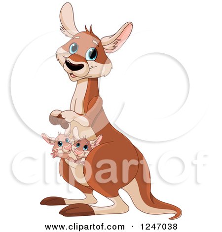 Clipart of a Cute Mother Kangaroo with Baby Joeys in Her Pouch - Royalty Free Vector Illustration by Pushkin