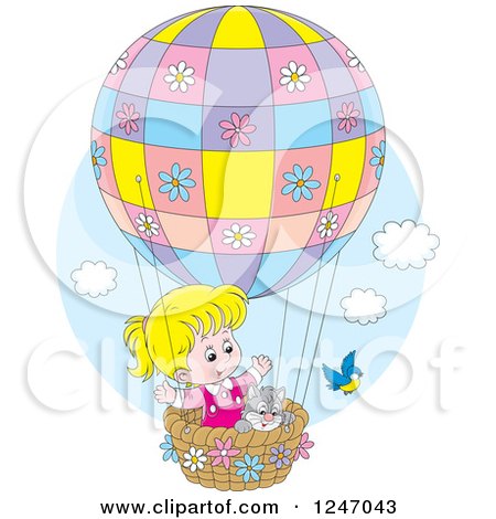 Clipart of a Bird by a Cat and Blond Girl in a Hot Air Balloon - Royalty Free Vector Illustration by Alex Bannykh