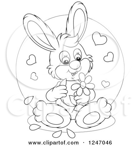 Clipart of a Black and White Bunny Rabbit Playing She Loves Me She Loves Me Not with Flower Petals - Royalty Free Vector Illustration by Alex Bannykh