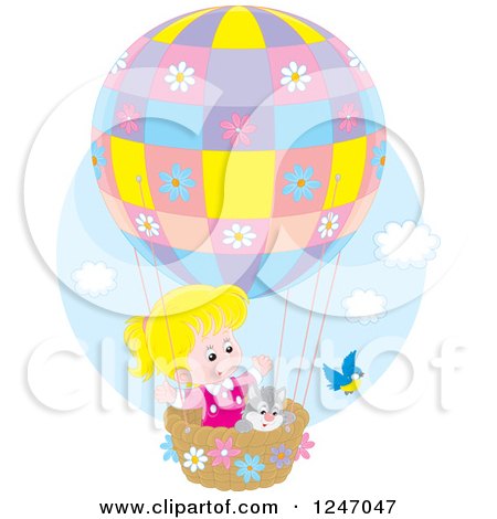 Clipart of a Bird by a Cat and Blond Caucasian Girl in a Hot Air Balloon - Royalty Free Vector Illustration by Alex Bannykh