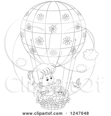 Clipart of a Black and White Bird by a Cat and Girl in a Hot Air Balloon - Royalty Free Vector Illustration by Alex Bannykh