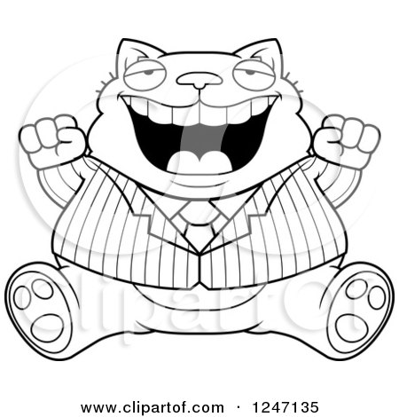 Clipart of a Black and White Fat Business Cat Sitting and Cheering - Royalty Free Vector Illustration by Cory Thoman