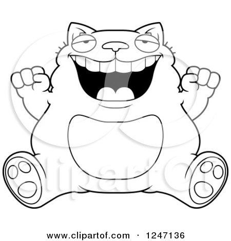 Clipart of a Black and White Fat Cat Sitting and Cheering - Royalty Free Vector Illustration by Cory Thoman