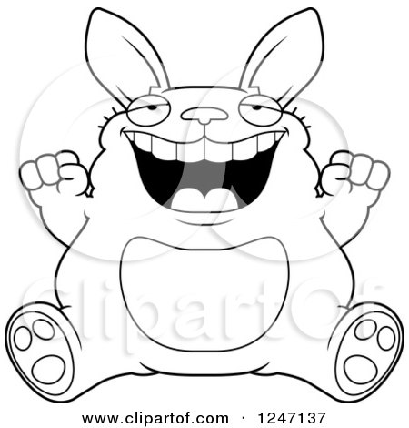 Clipart of a Black and White Fat Rabbit Sitting and Cheering - Royalty Free Vector Illustration by Cory Thoman