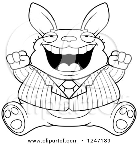Clipart of a Black and White Fat Business Rabbit Sitting and Cheering - Royalty Free Vector Illustration by Cory Thoman
