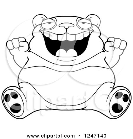 Clipart of a Black and White Fat Panda Sitting and Cheering - Royalty