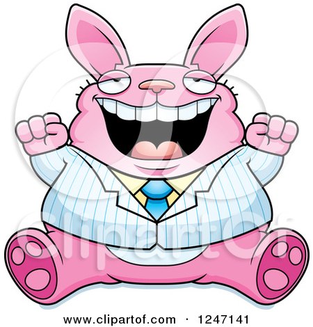 Clipart of a Fat Pink Business Rabbit Sitting and Cheering - Royalty Free Vector Illustration by Cory Thoman