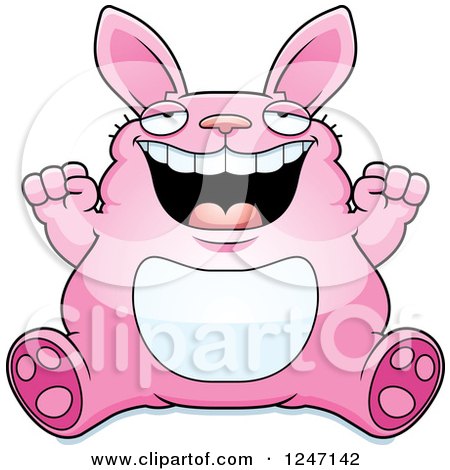 Clipart of a Fat Pink Rabbit Sitting and Cheering - Royalty Free Vector Illustration by Cory Thoman
