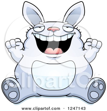 Clipart of a Fat Blue Rabbit Sitting and Cheering - Royalty Free Vector Illustration by Cory Thoman