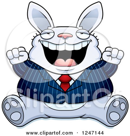 Clipart of a Fat Blue Business Rabbit Sitting and Cheering - Royalty Free Vector Illustration by Cory Thoman