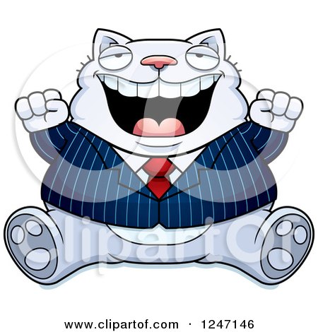 Clipart of a Fat Business Cat Sitting and Cheering - Royalty Free Vector Illustration by Cory Thoman