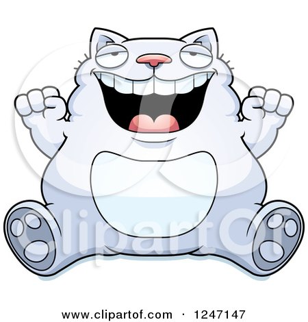 Clipart of a Fat Cat Sitting and Cheering - Royalty Free Vector Illustration by Cory Thoman
